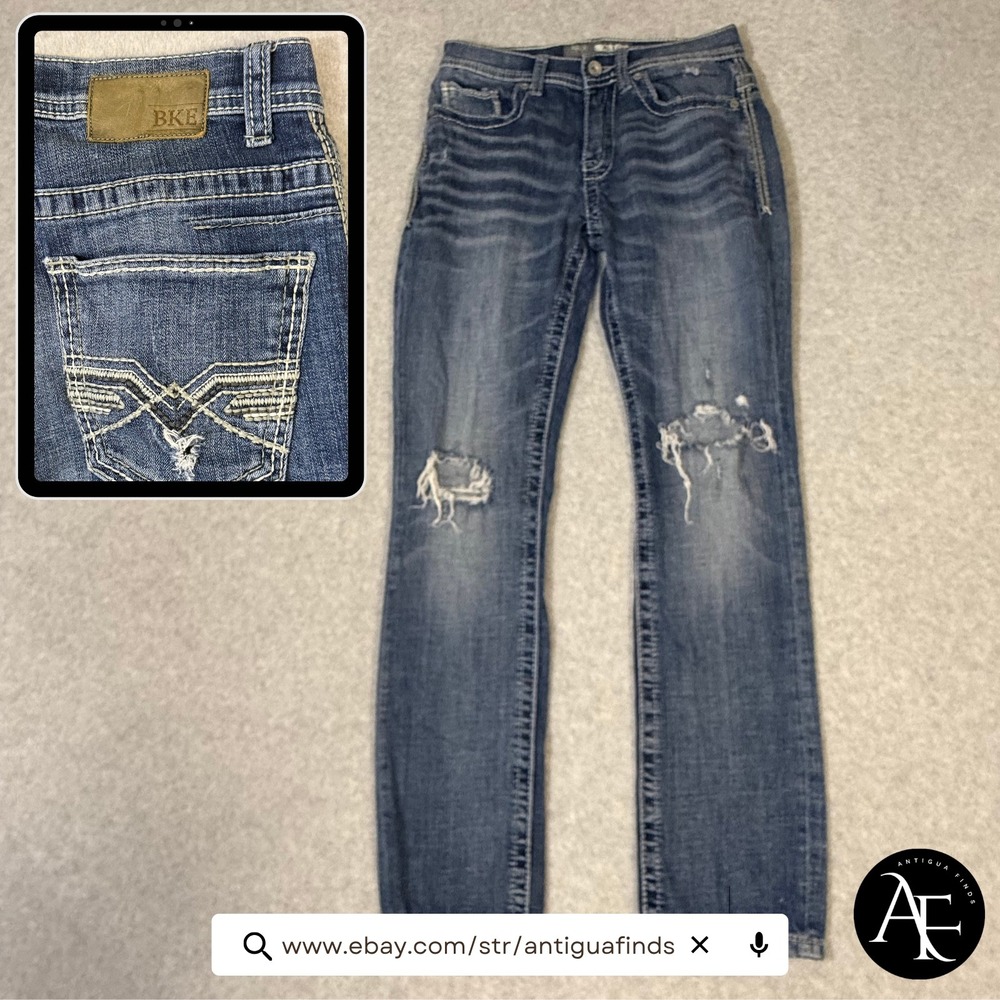BKE Alec Straight Leg Distressed Jeans Mens 28S Medium Wash Whiskered Denim